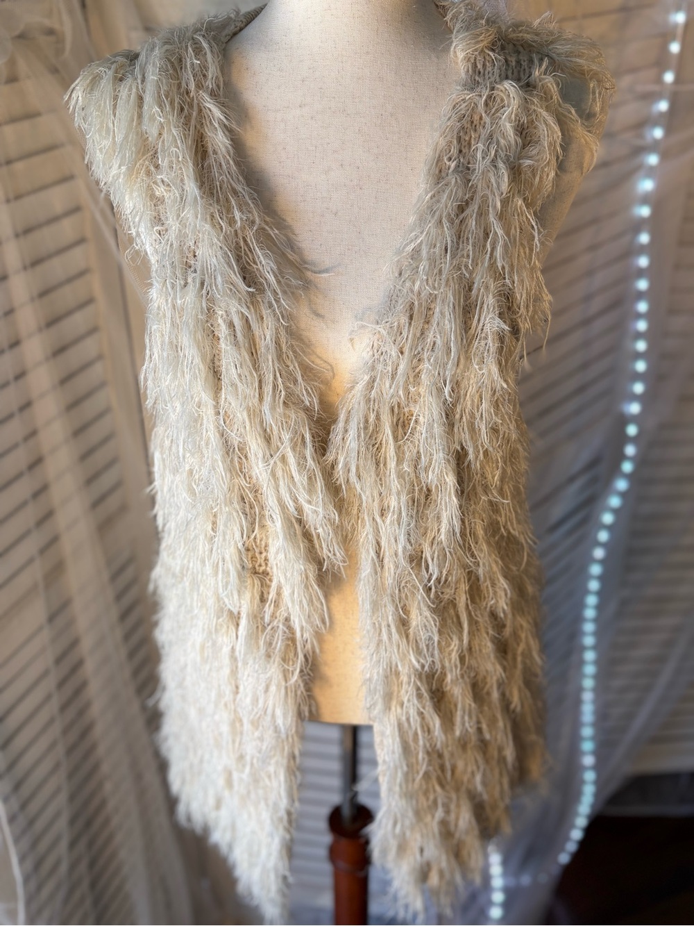 Soft cotton tassel Open-Front Vest in Beige
